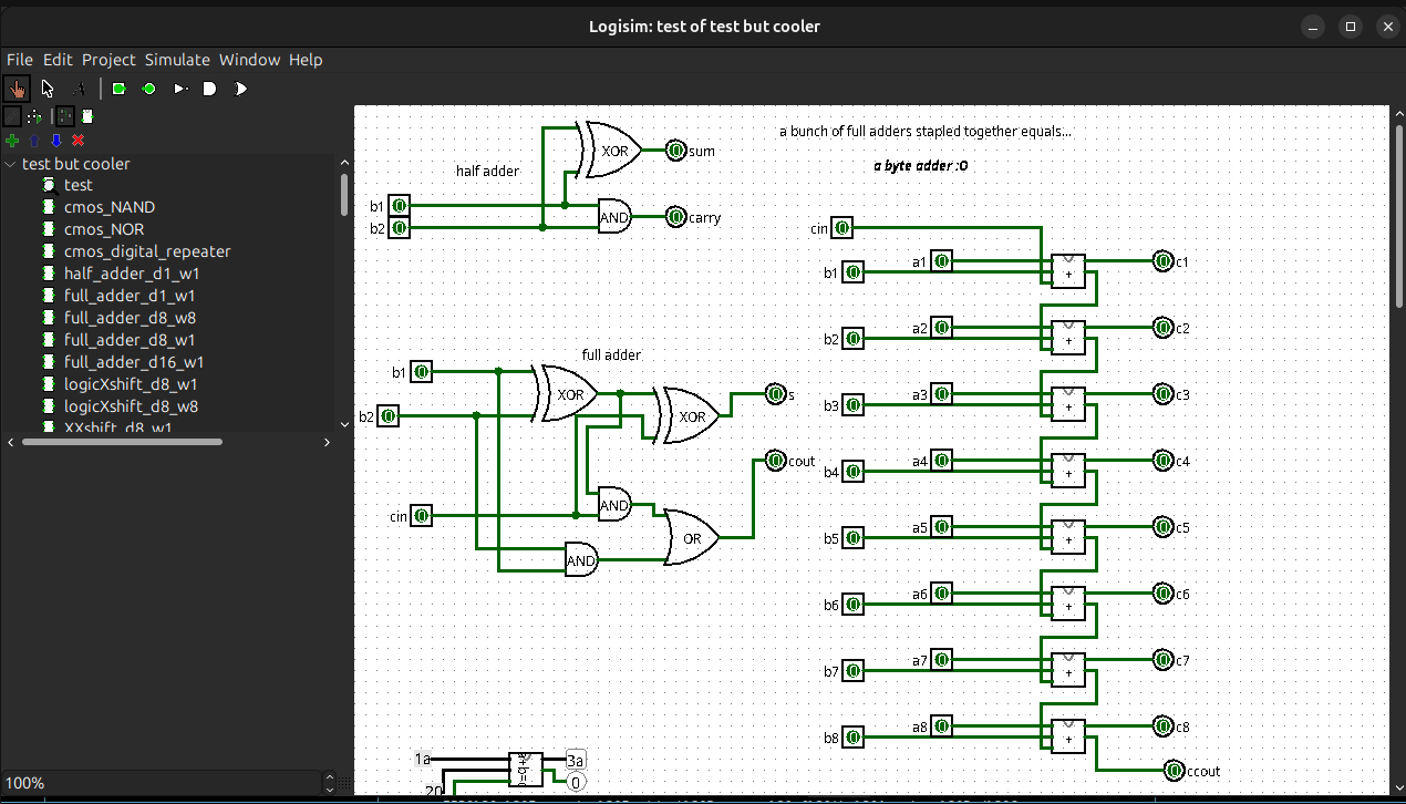 A picture of LogiSim and some circuits - NAND and full adders.